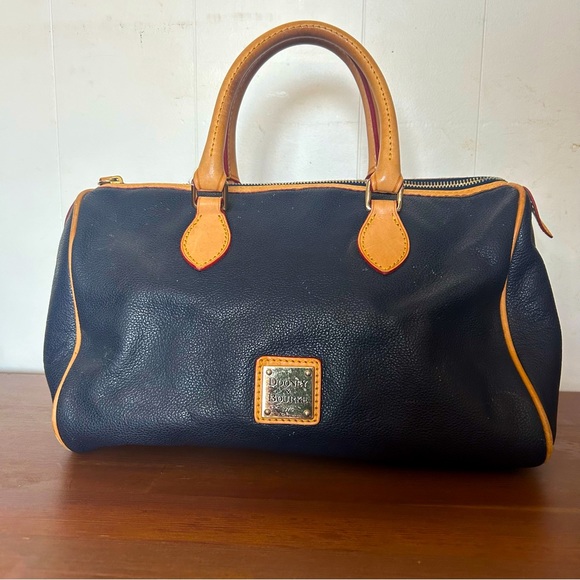 Dooney & Bourke Navy Blue Pebbled Leather Handbag Purse Pink Lining Red Trim - Picture 1 of 12